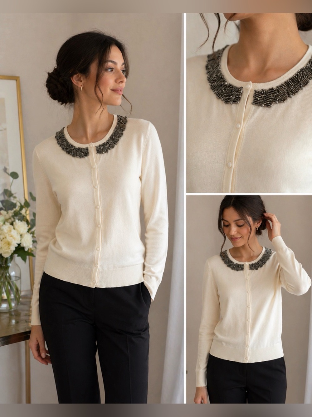 Carolyn Taylor Ivory Beaded Collar Cardigan Sweater Women’s Size S Elegant.